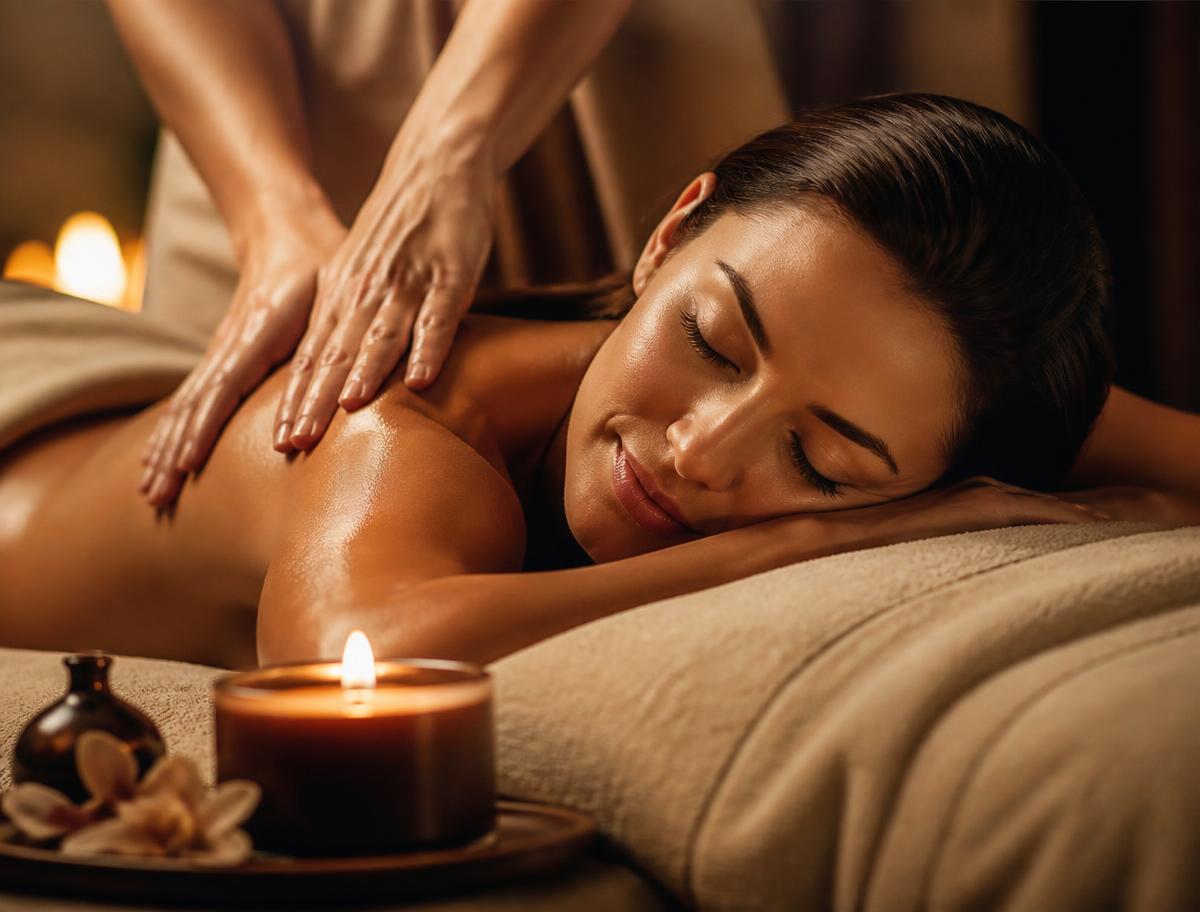 A woman receiving a relaxing candlelit massage